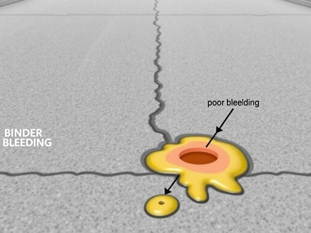 Illustration of binder bleeding in asphalt, showing sticky areas caused by excess asphalt material.