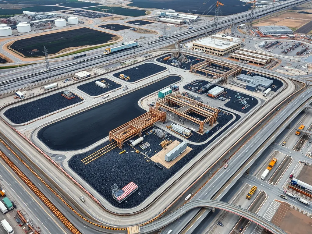 Aerial view of asphalt supply chain facility, showcasing storage and transportation aspects relevant to economic effects.