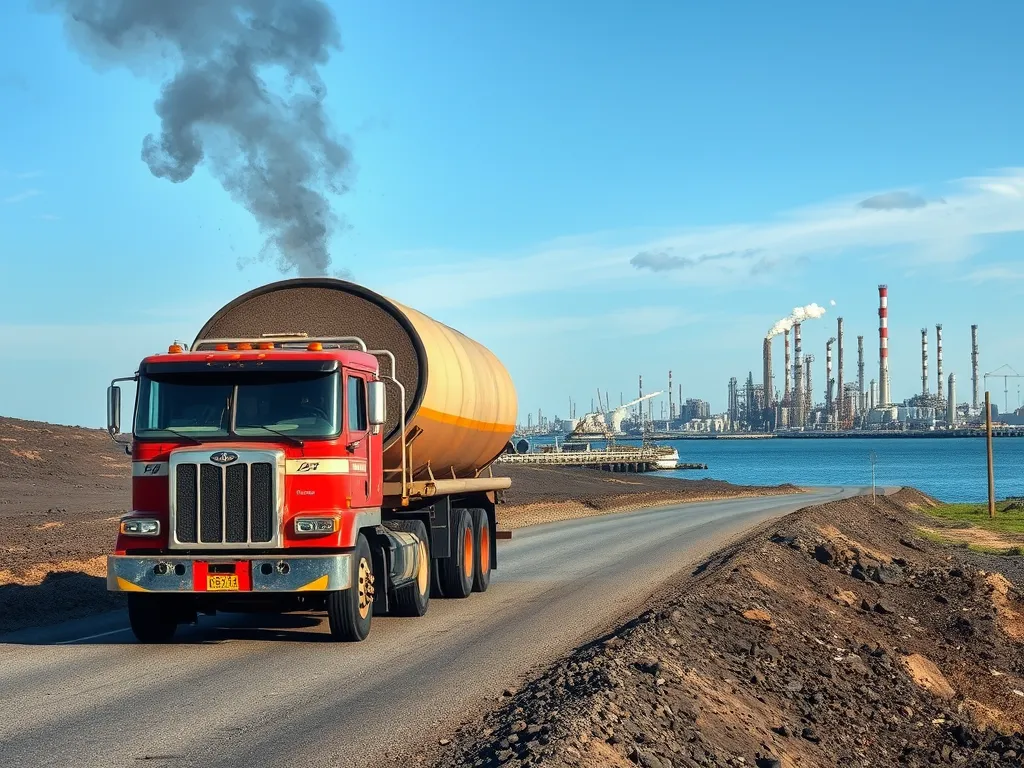 A red truck transporting asphalt along a road near an industrial area, highlighting asphalt supply chain dynamics.