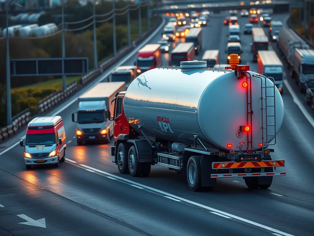 A tanker truck transporting asphalt on a busy highway, showcasing the logistics of the asphalt supply chain.