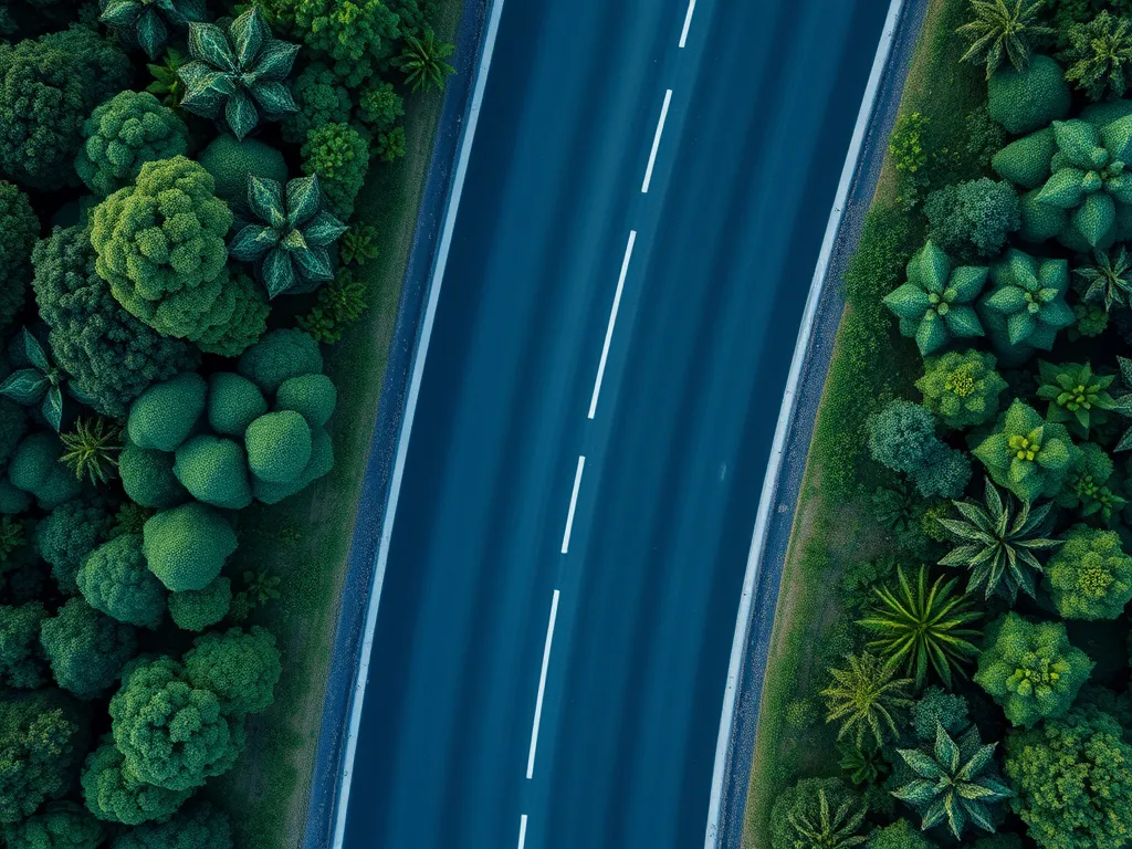 Aerial view of a smooth asphalt road surrounded by trees, highlighting the importance of asphalt surface evenness.