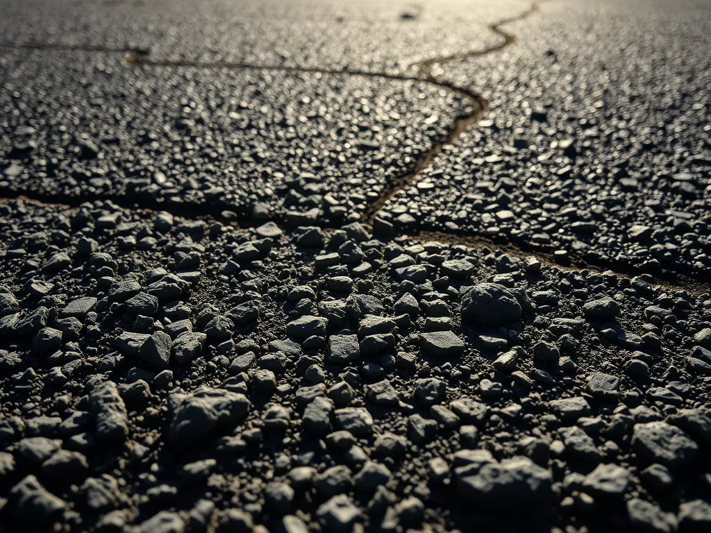 Detailed view of asphalt surface texture highlighting cracks, important for road safety.