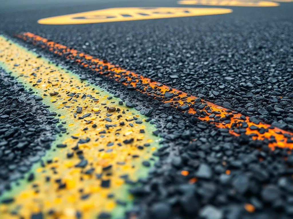 Close-up view of asphalt surface showing line markings and texture for inspecting asphalt surfaces.