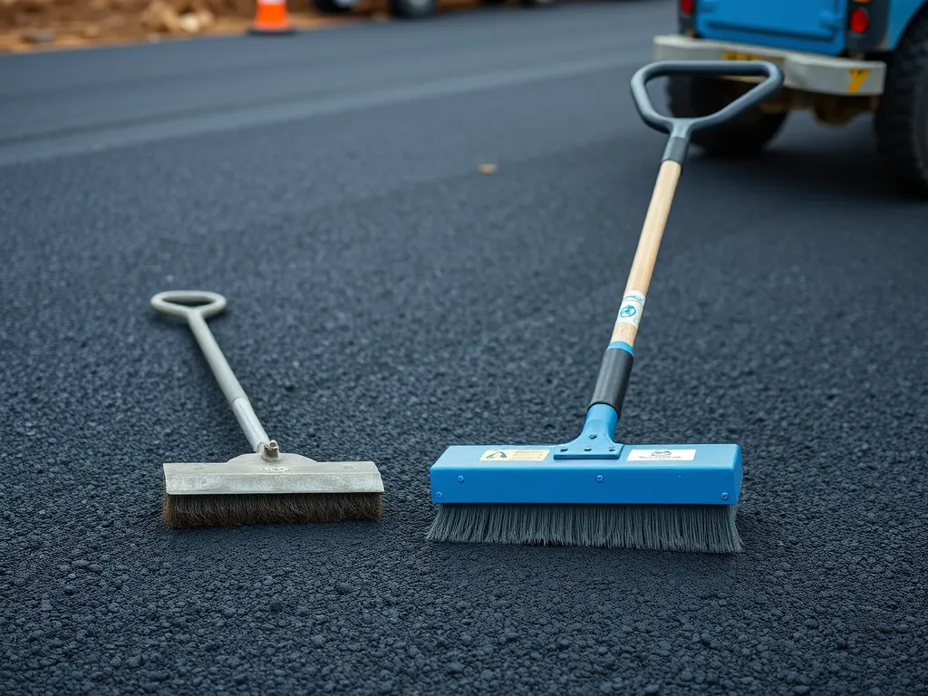 Tools for achieving an even asphalt surface including a asphalt rake and broom.
