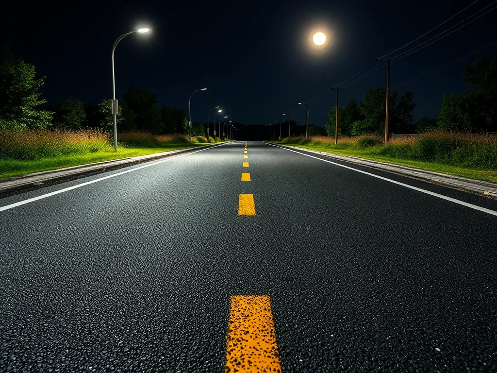 A well-lit asphalt road at night showcasing sustainable road safety measures.