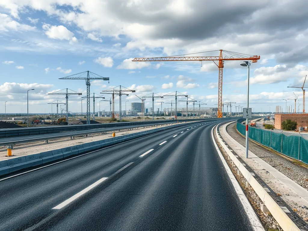 Construction site showing asphalt roads and cranes emphasizing asphalt sustainability measures.