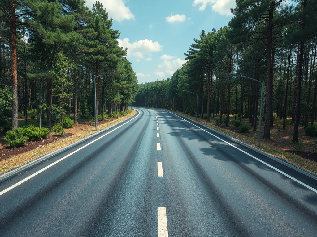 A well-maintained asphalt road surrounded by trees, emphasizing the importance of asphalt in sustainable infrastructure development.