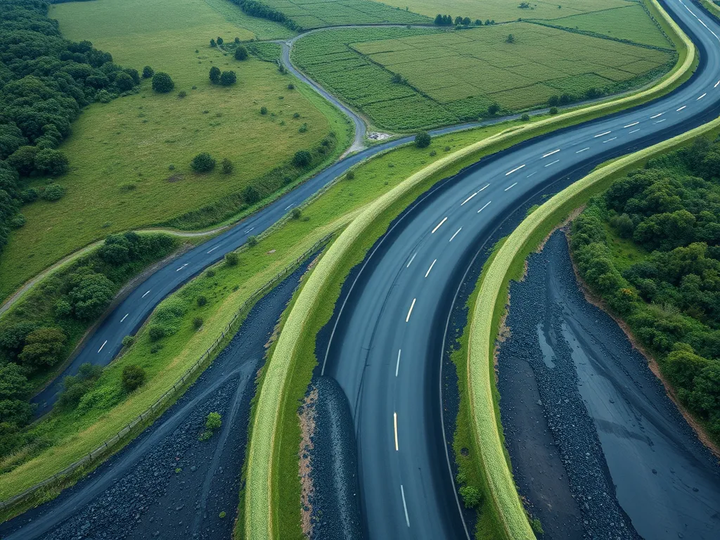 Aerial view of a winding road showcasing asphalt's role in sustainable infrastructure development.