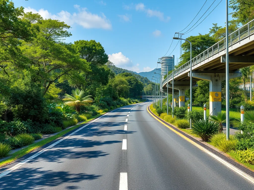 A scenic road featuring asphalt paving surrounded by greenery, illustrating sustainable infrastructure development.