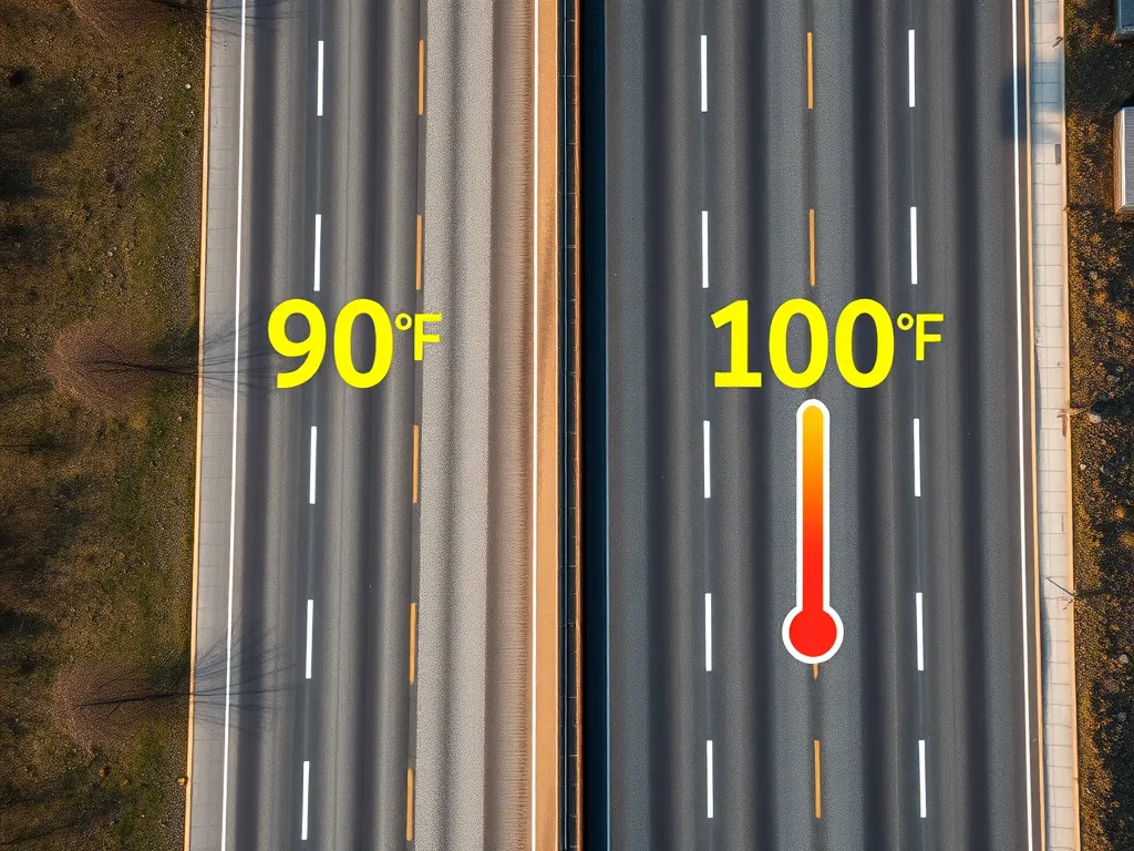 Aerial view of asphalt roads showing temperatures of 90°F and 100°F, illustrating how hot asphalt can get on a 100 degree day.