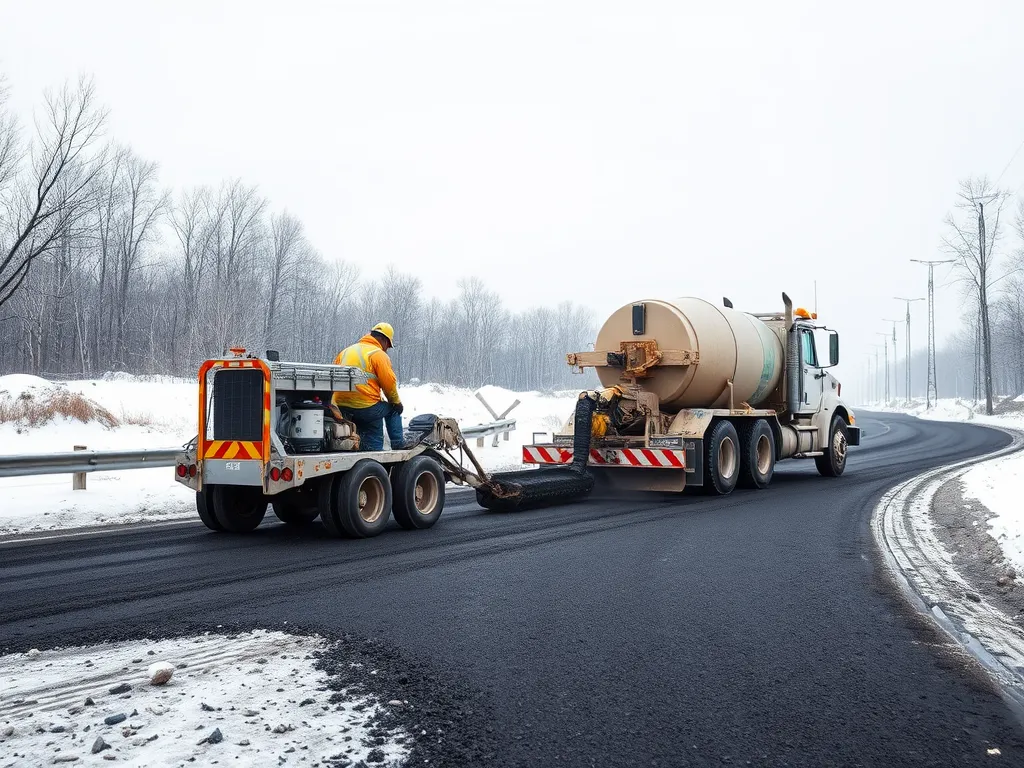 Asphalt being laid in cold weather, highlighting the importance of temperature adaptability in asphalt.