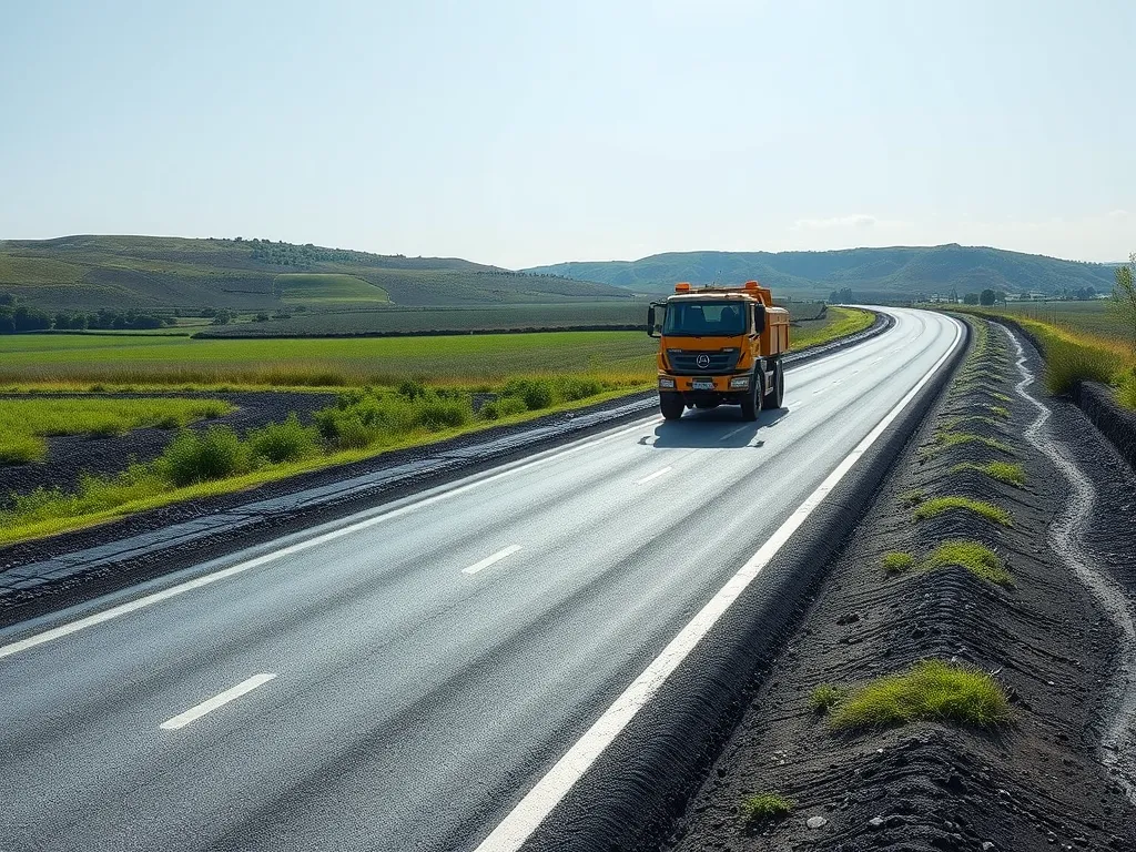 A truck on a newly paved asphalt road illustrating the importance of asphalt temperature adaptability.