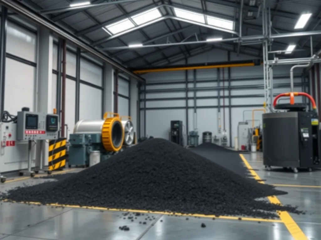 A modern laboratory showcasing advancements in asphalt testing technology with a black asphalt mound.