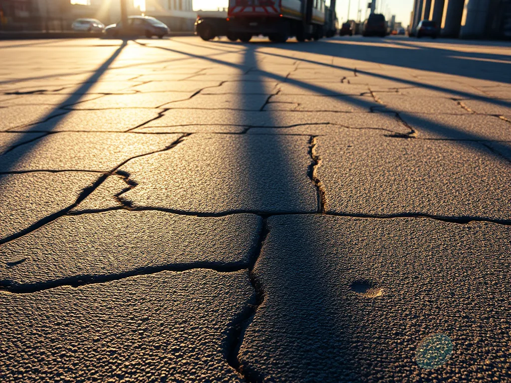 Close-up view of cracked asphalt showcasing its thermal properties in varying temperatures.