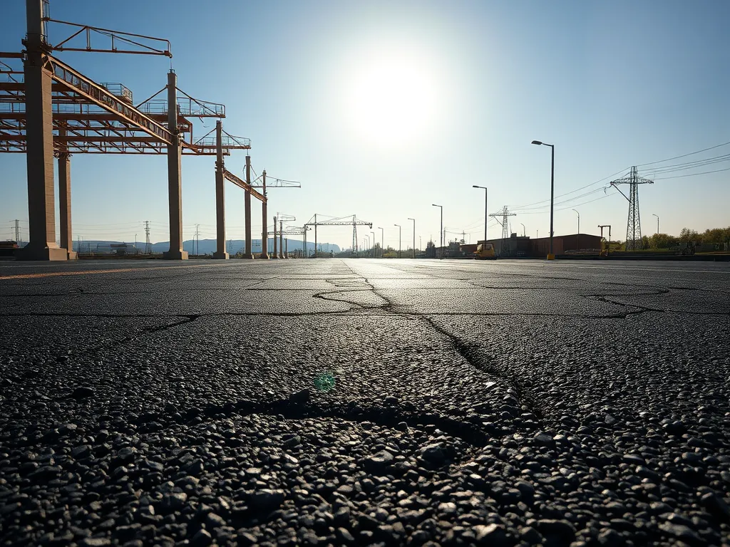 Close-up view of asphalt surface showing thermal properties and cracking under sunlight.