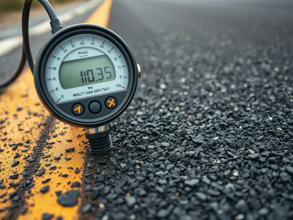 Digital gauge measuring asphalt tool quality on a paved road