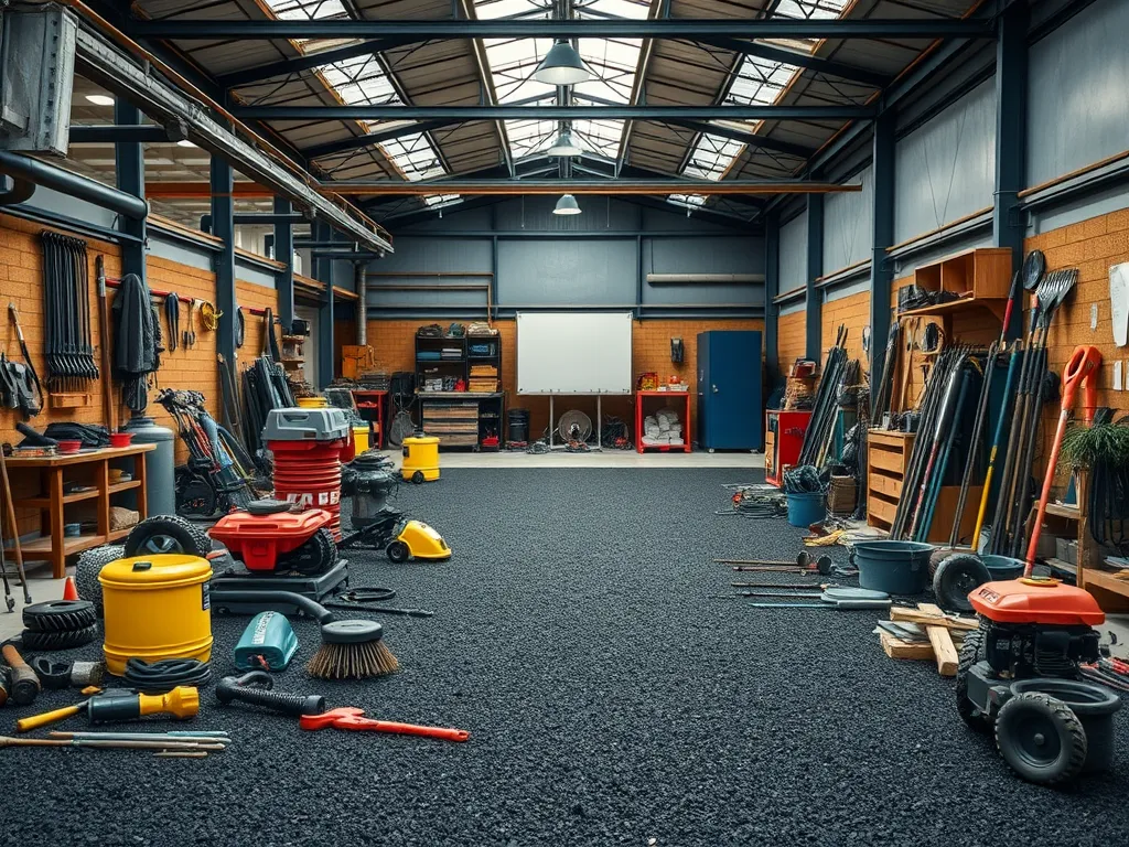 A well-organized workshop displaying various asphalt maintenance tools, showcasing preventative maintenance practices.