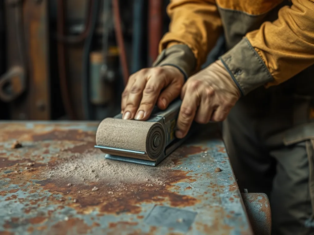 A person using a sander on asphalt tools, demonstrating how to maintain and store them properly.