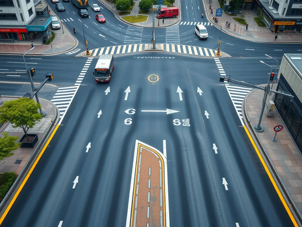 Aerial view of an intersection showcasing asphalt road surfaces and traffic signals, emphasizing the importance of asphalt in enhancing traffic safety.