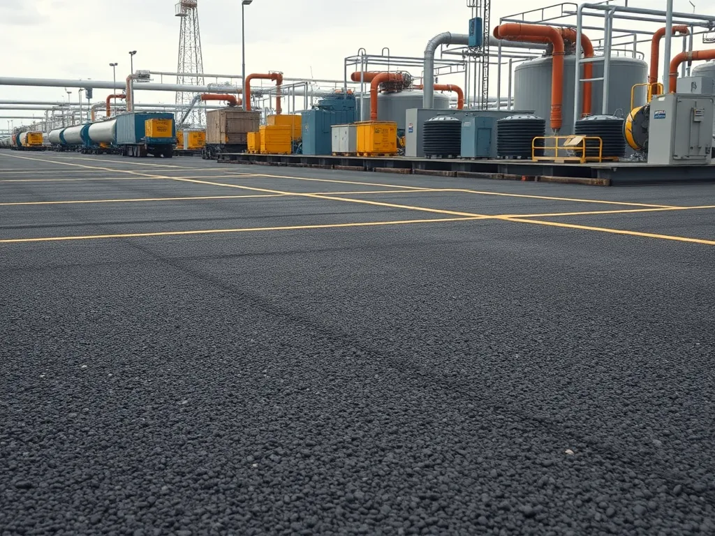 Close-up view of asphalt surface in an industrial setting highlighting various asphalt types.