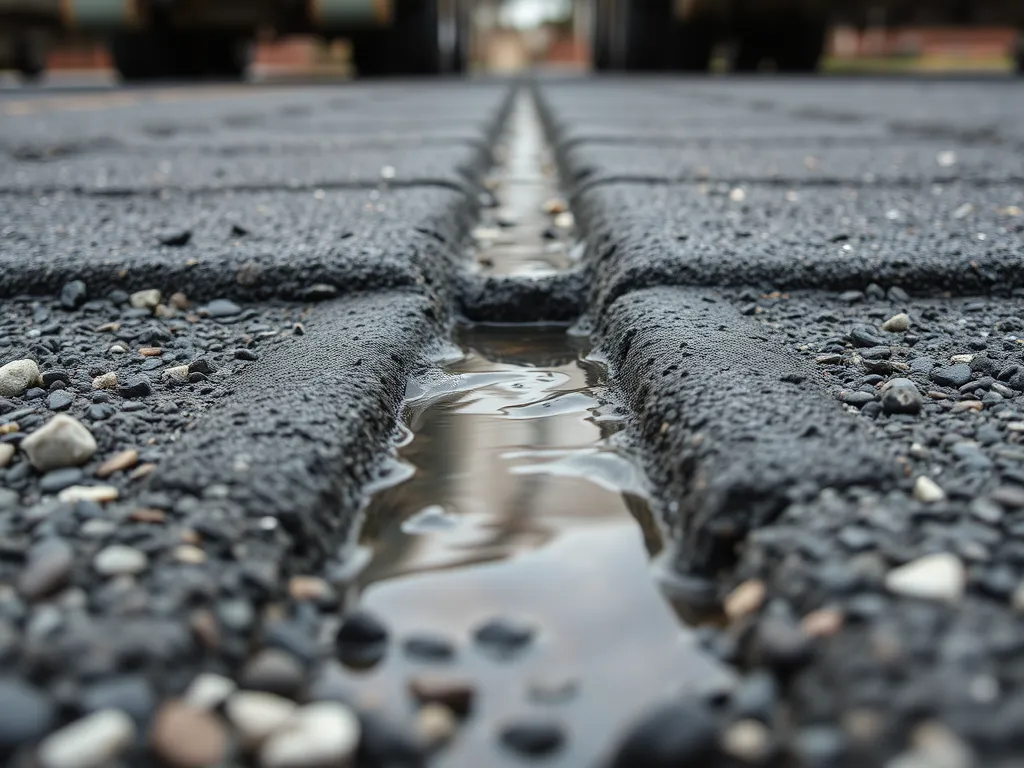 Close-up view of asphalt surface showing water drainage, highlighting different asphalt types and their lifespans.