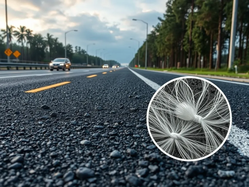 Close-up of asphalt with fibers, showcasing differences in asphalt types.