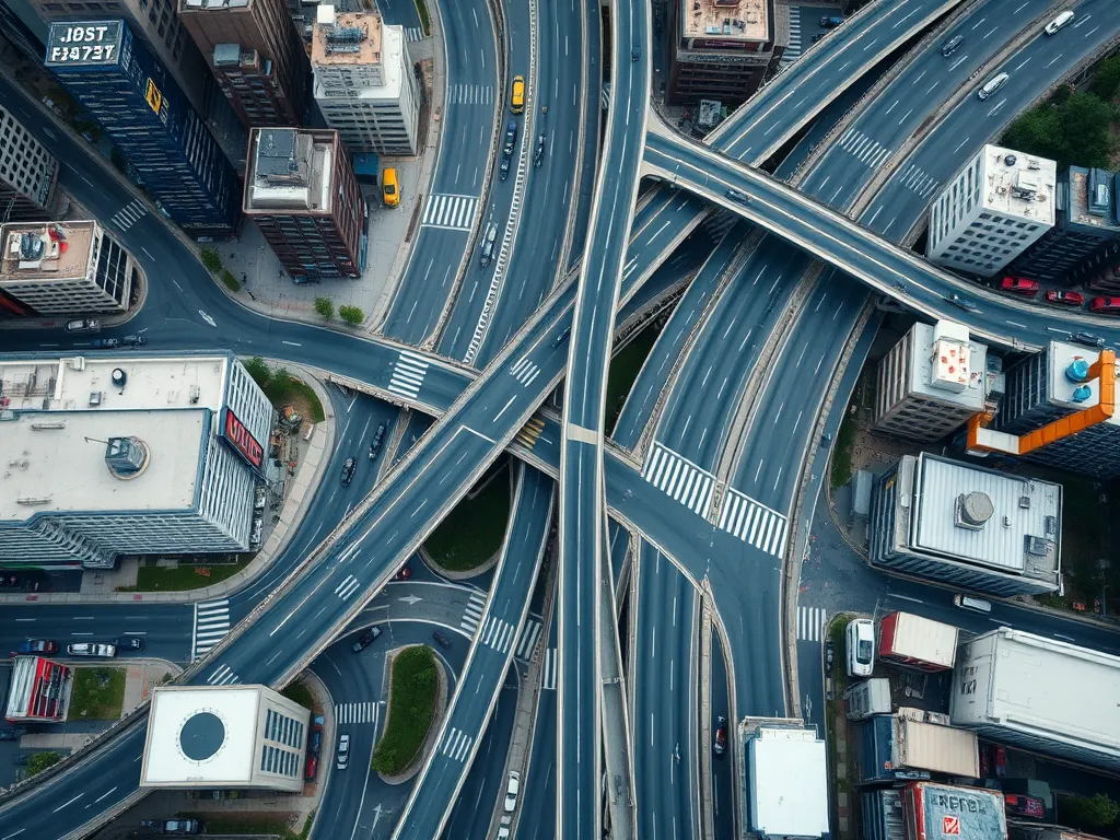 Aerial view of city roads and highways showcasing asphalt's role in urban infrastructure.