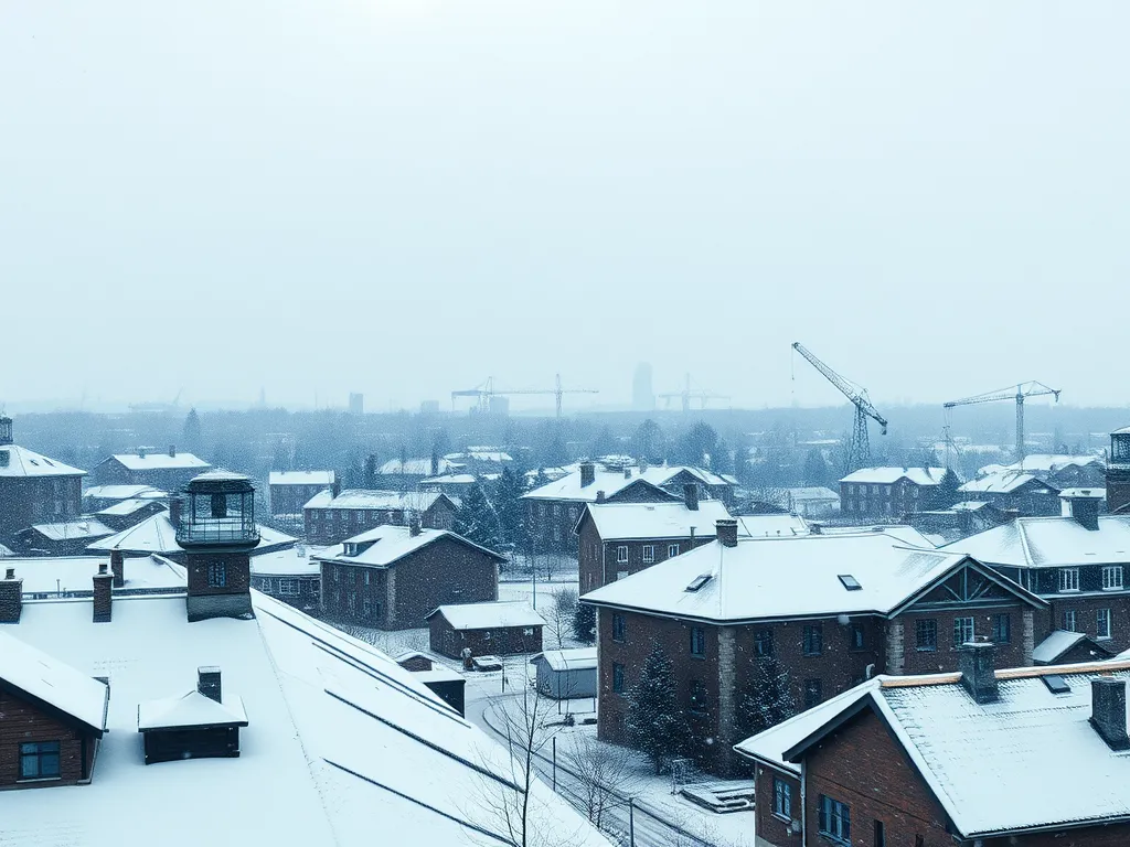 A snowy urban landscape showcasing asphalt roads and buildings, highlighting the role of asphalt in city planning and infrastructure.