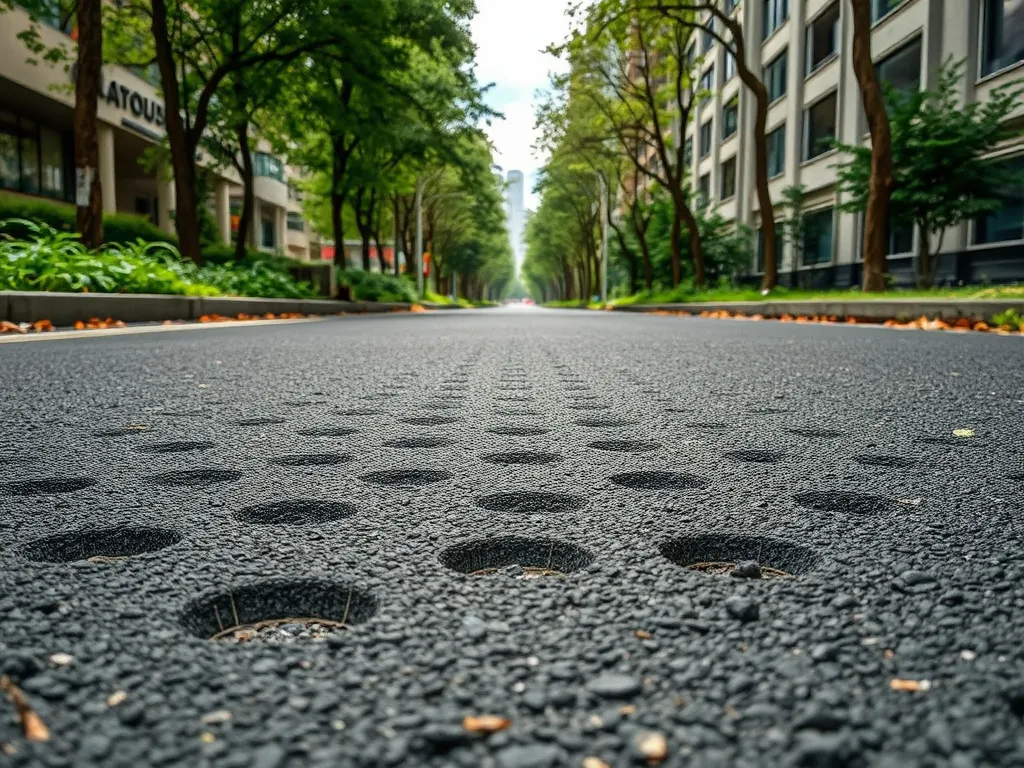 Close-up view of asphalt road with drainage holes in an urban setting, highlighting the role of asphalt in infrastructure.