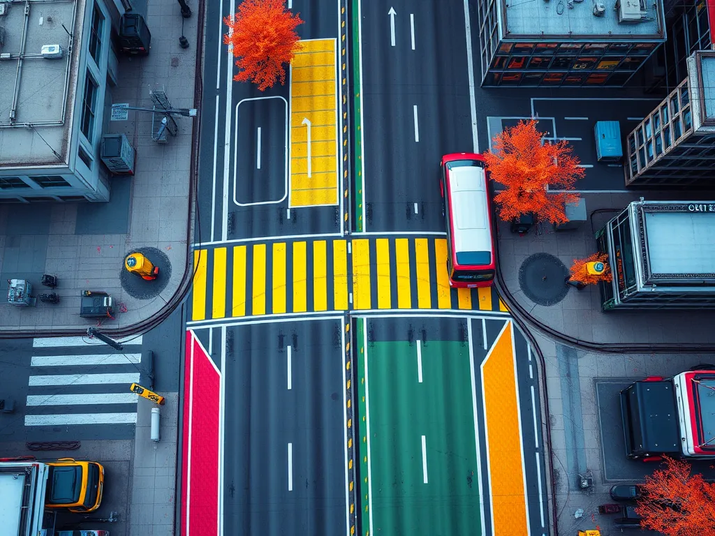 Aerial view of a modern urban intersection showcasing asphalt roads and vibrant crosswalks, emphasizing the benefits of asphalt in urban planning.