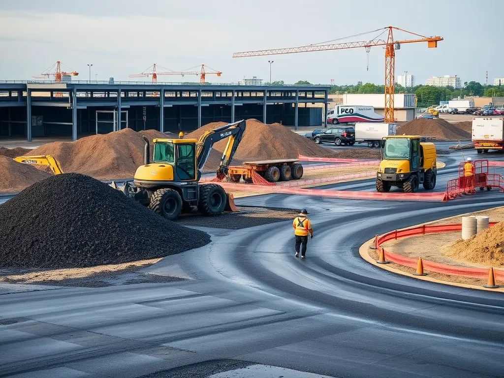 Construction site showing heavy machinery and asphalt paving, relevant to policies affecting asphalt use.