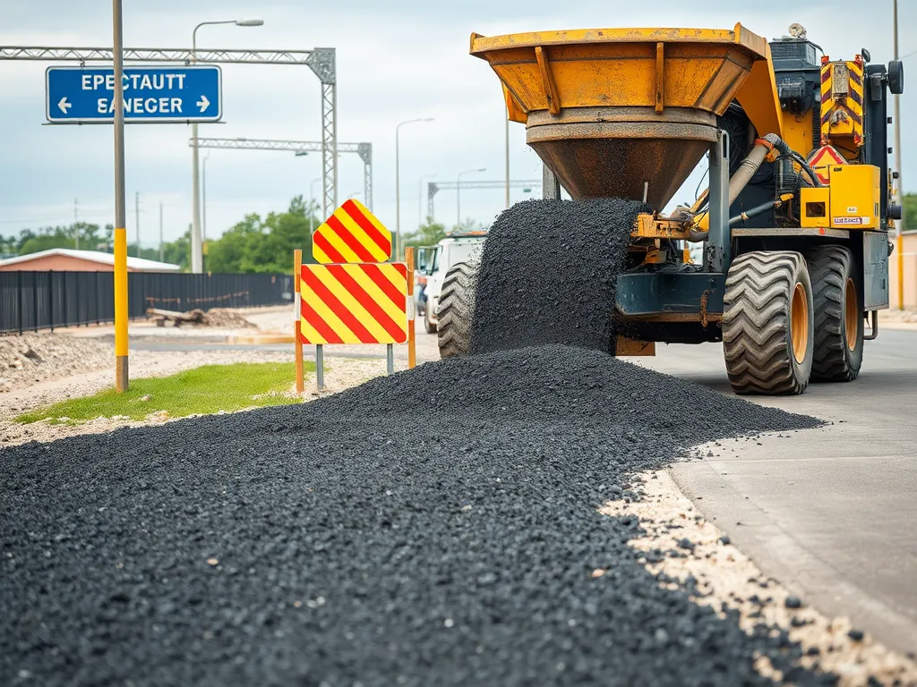 Construction vehicle pouring asphalt, highlighting policies affecting asphalt use.