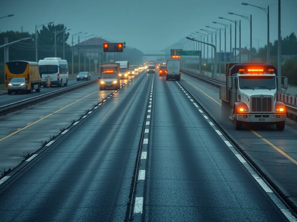 A busy highway featuring vehicles driving on asphalt, showcasing the material's application in road construction.