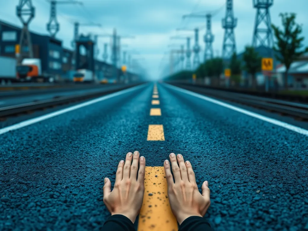 Hands on asphalt road surface highlighting life cycle assessment of asphalt materials versus alternative materials.