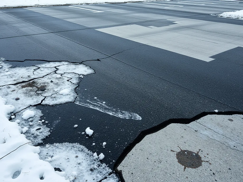 Comparison of asphalt and concrete surfaces showing the impact of cold weather on road durability.