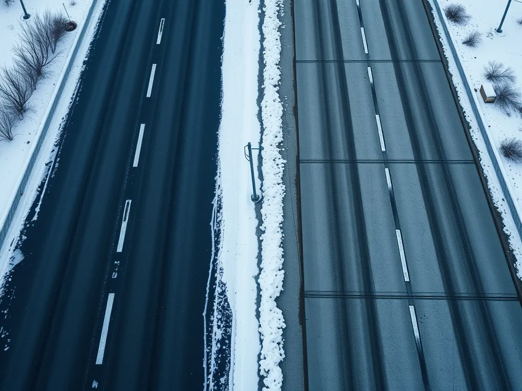 Comparison of asphalt and concrete roads in a snowy environment, highlighting the advantages of asphalt for colder climates.