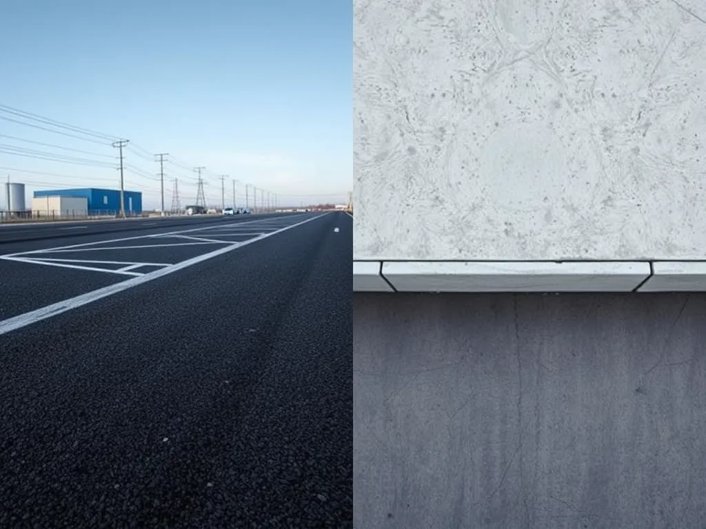 Comparison of an asphalt road and a concrete surface, illustrating the differences between asphalt and concrete.