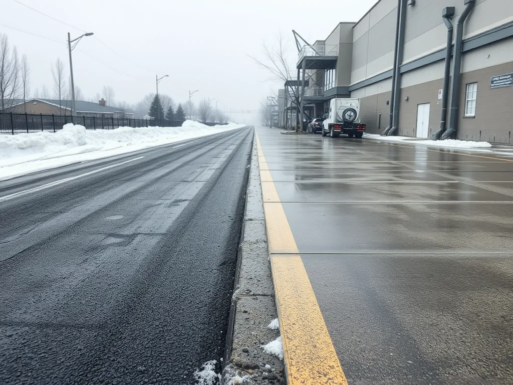 A clear comparison between asphalt and concrete surfaces, highlighting differences in texture and finish