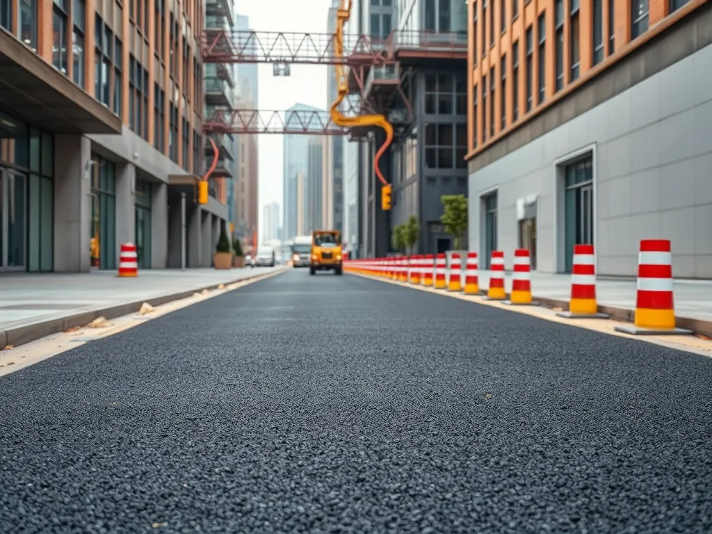 A newly paved asphalt road in an urban setting, highlighting cost-effective asphalt compared to concrete.