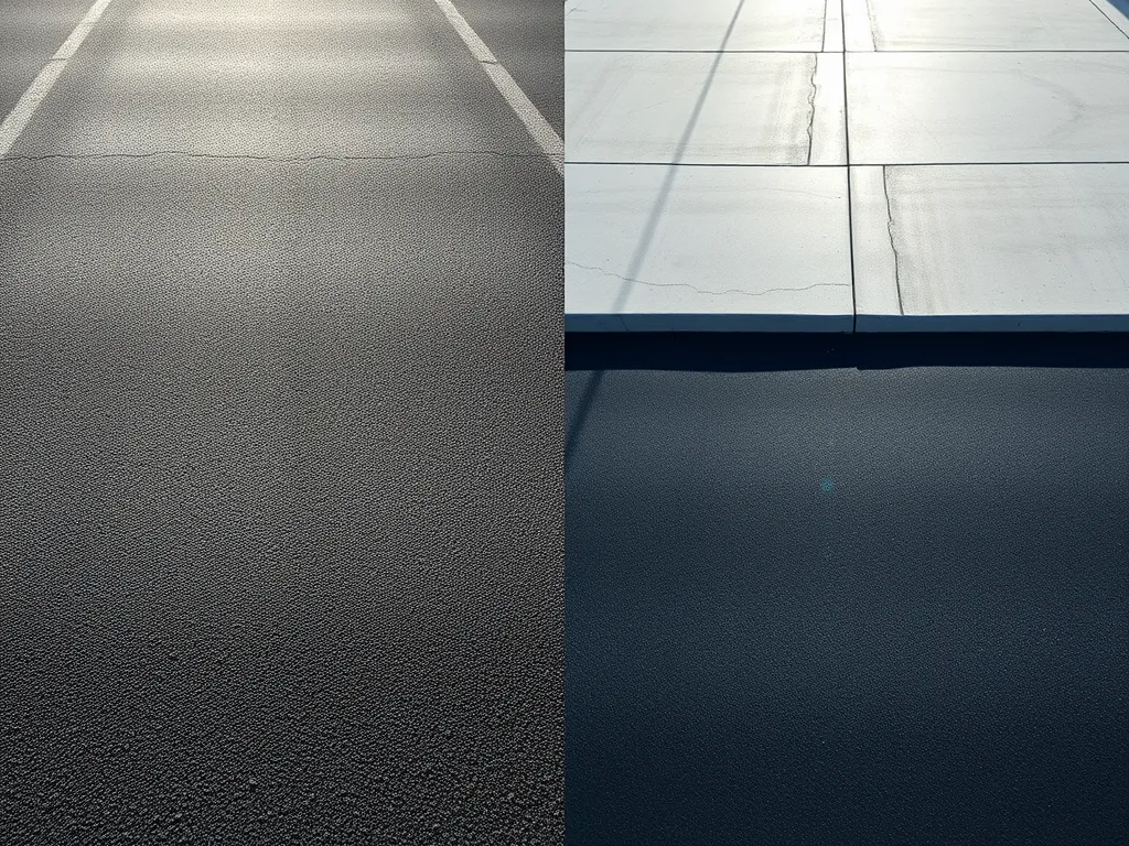 Comparison of asphalt and concrete surfaces highlighting cost differences.