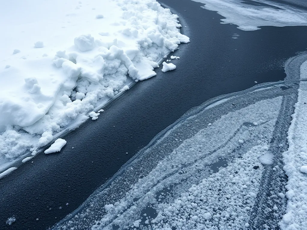 Close-up view of asphalt driveway with snow, comparing asphalt and concrete options