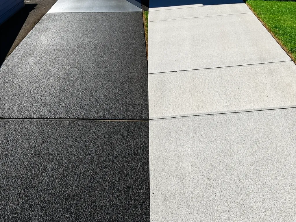 Comparison of asphalt and concrete driveways highlighting differences in texture and color.