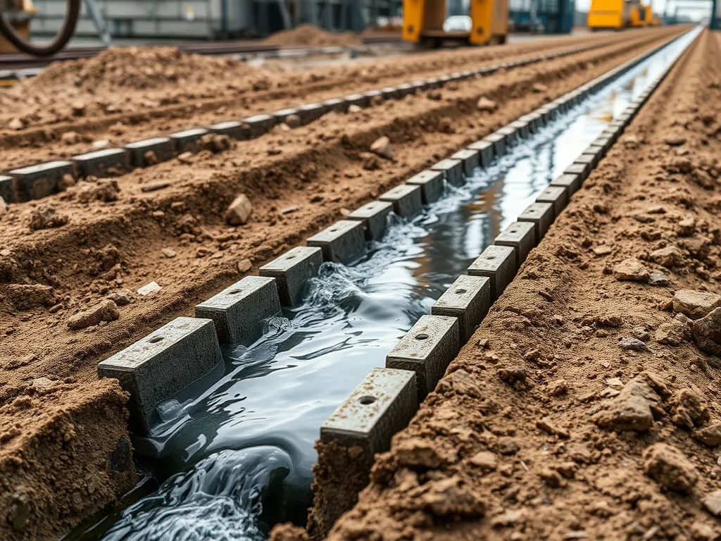 Drainage system in a flood-prone area showcasing asphalt and concrete suitability.
