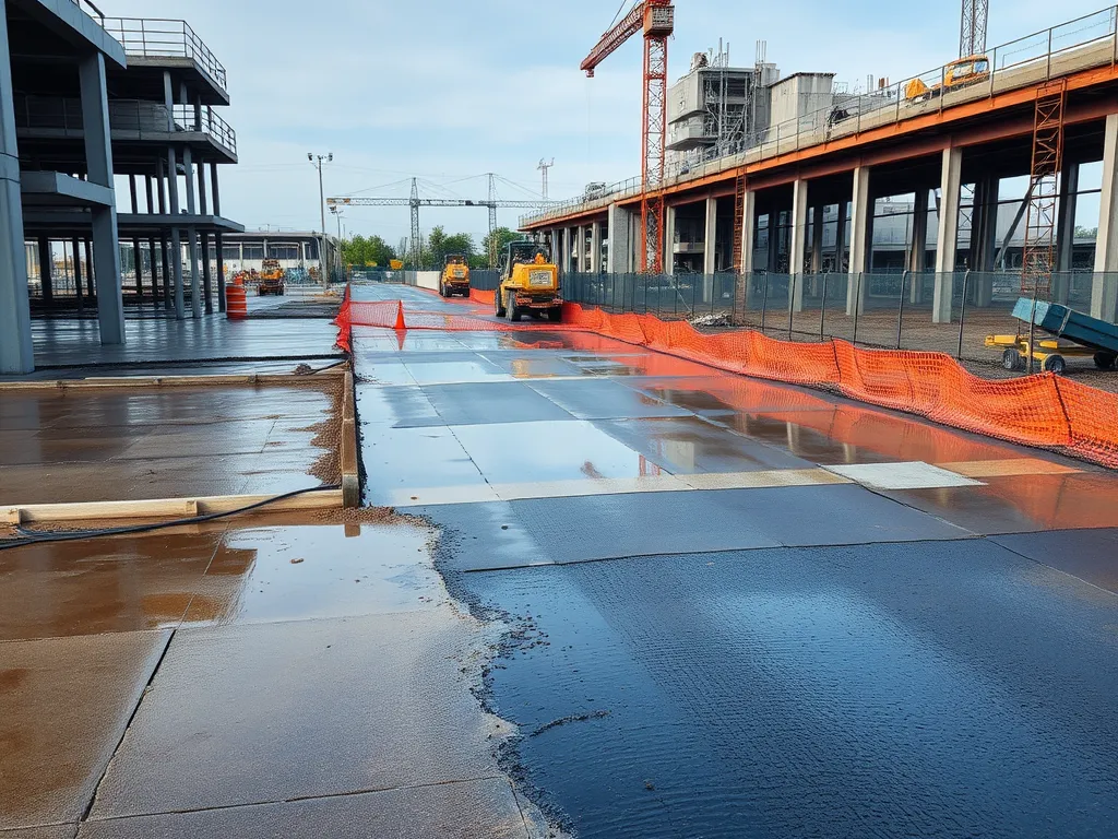 Construction site showing asphalt and concrete surfaces in a flood-prone area, highlighting suitability.