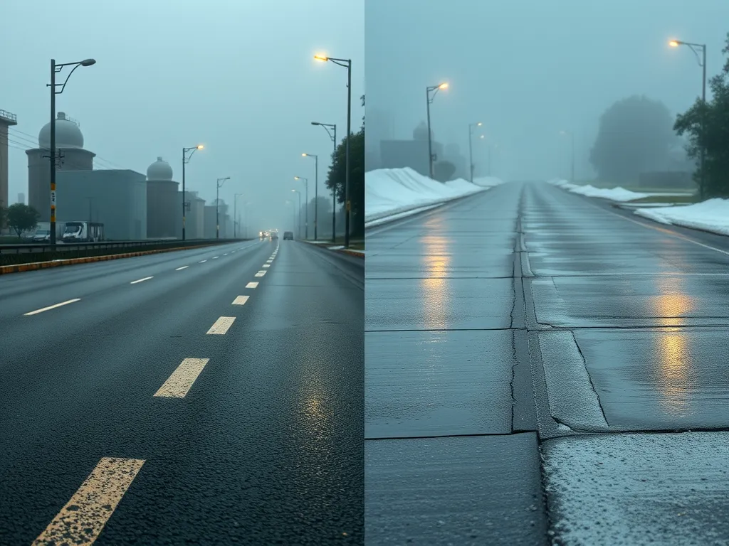 Comparison of asphalt and concrete surfaces in flood-prone areas during rainfall.