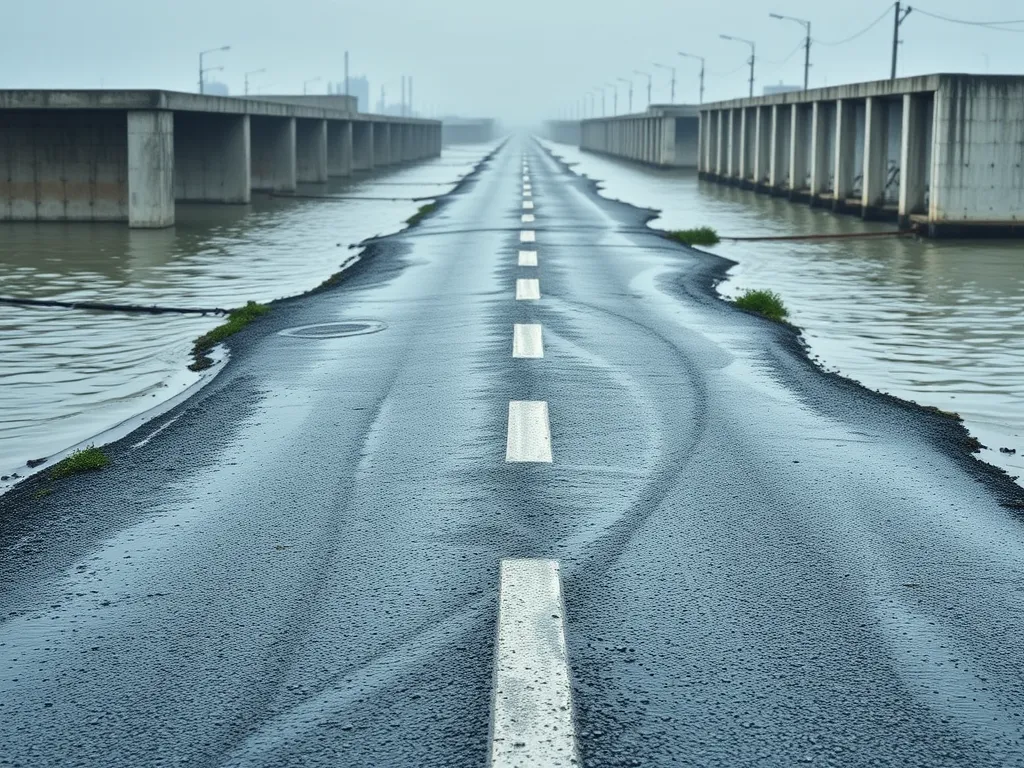 Flooded road showcasing the impact of asphalt versus concrete in flood-prone regions