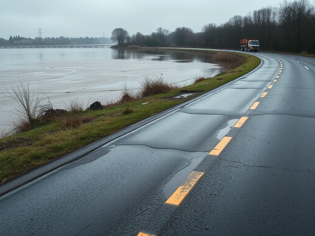 A road with asphalt surface showing water accumulation, relevant to the suitability of asphalt vs concrete in flood-prone areas.