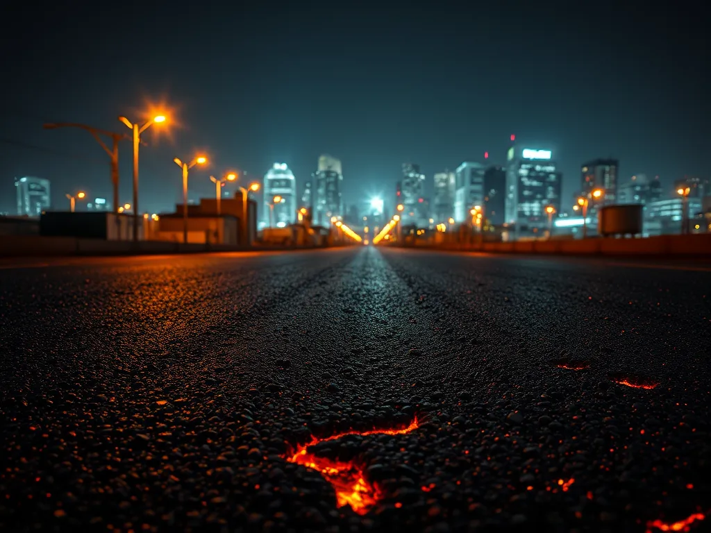 Comparison of heat absorption between asphalt and concrete surfaces under night lighting.