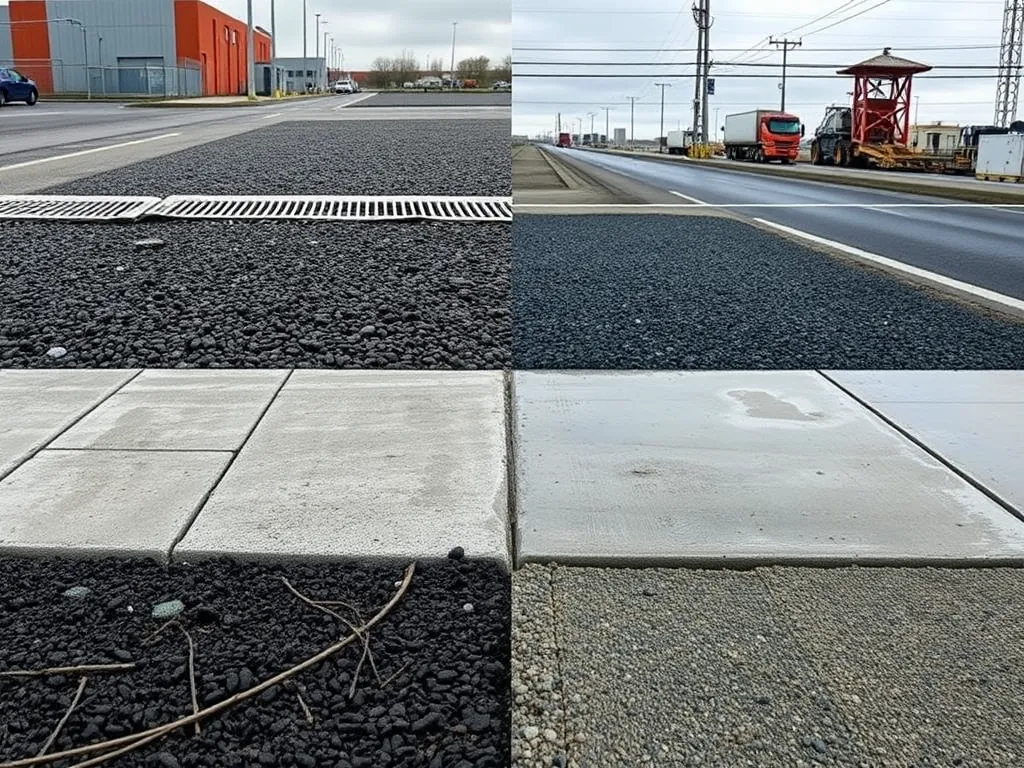 Comparative installation processes of asphalt and concrete surfaces.