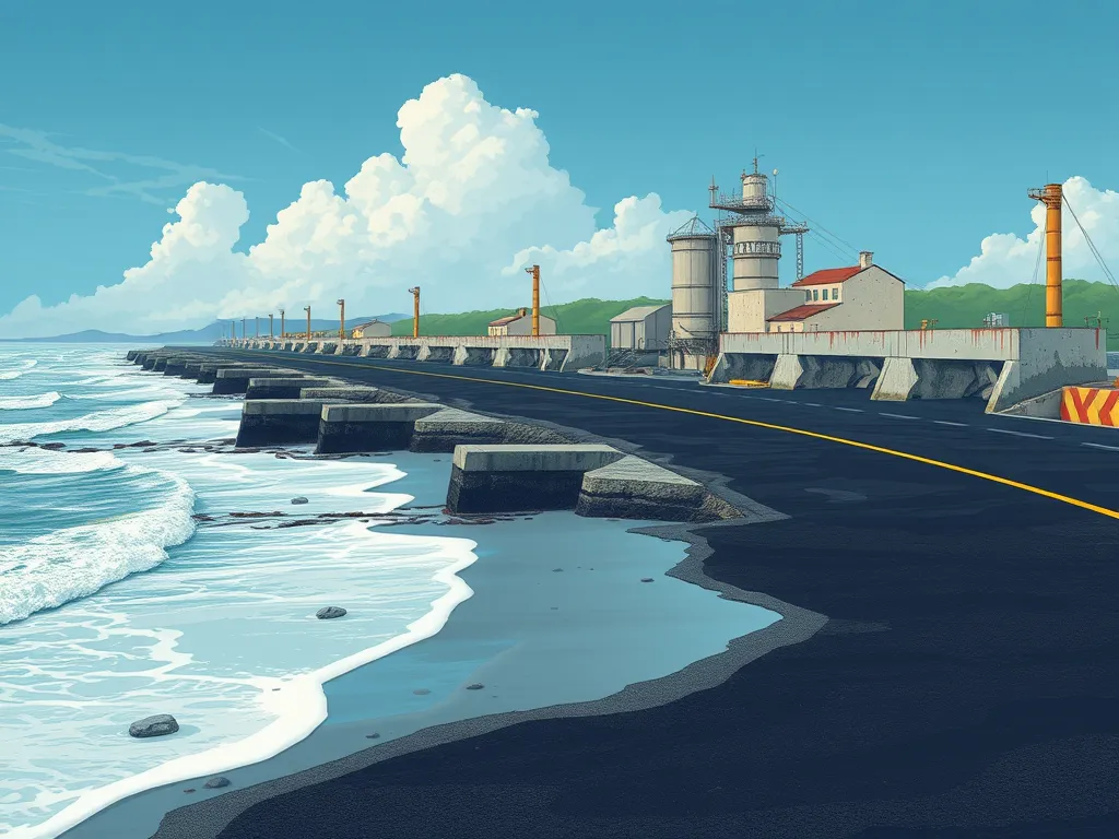 A coastal road showing asphalt pavement next to a concrete structure, highlighting the life cycle assessment comparison.